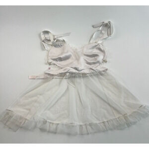 Victoria's Secret Tease Satin w/ Ruffle Babydoll Lingerie w/Bow Ivory XL NWT